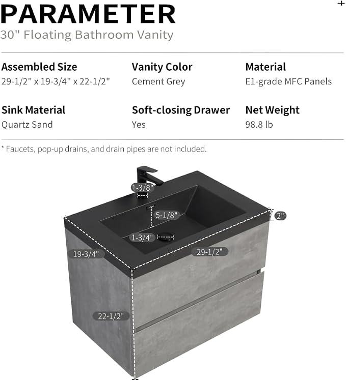 30" Floating Bathroom Vanity with Sink, Modern Wall-Mounted Bathroom Storage Vanity Cabinet with Two Black Quartz Sand Top Basins and Four Soft Close Drawers, Cement Grey