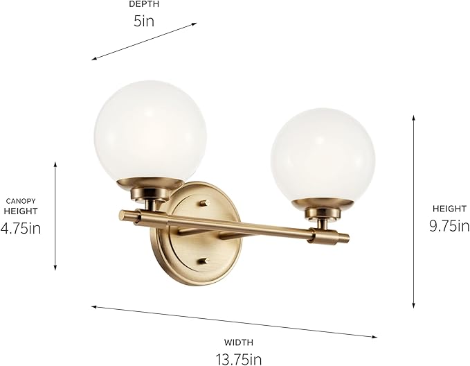 Kichler Benno 2-Light Vanity, Modern Light with Opal Glass in Champagne Bronze, for Bathroom or Powder Room (8.75" x 14.75"), 55171CPZ