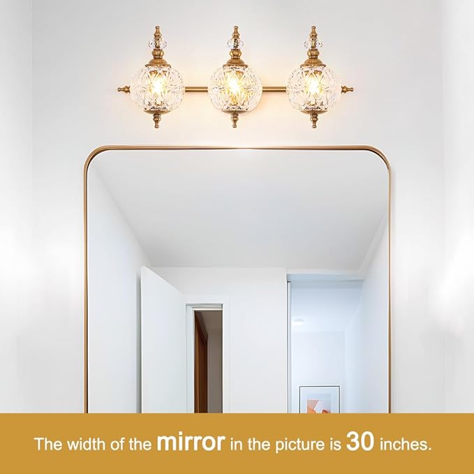 Brushed Gold Bathroom Vanity Light Fixture Vintage Style - 3 Light G9 Bulb Compatible, 23" Wide Bathroom Lighting Over Mirror with Hand-Etched Glass Shades, Easy Mount for Makeup Area