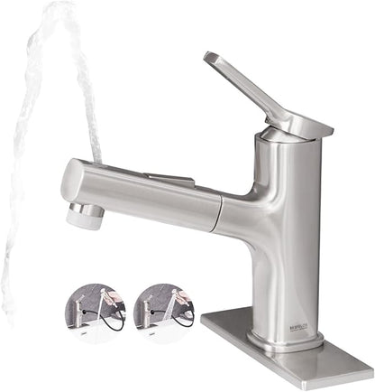 Pull Out Bathroom Faucet, Single Handle Bathroom Sink Faucet with Pull Out Sprayer, Bathroom Faucet for Sink, with Pop-up Drain & Deck Plate 1 or 4-inch Centerset 3 Hole, Brushed Nickel