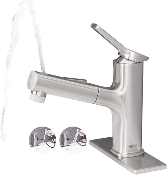 Pull Out Bathroom Faucet, Single Handle Bathroom Sink Faucet with Pull Out Sprayer, Bathroom Faucet for Sink, with Pop-up Drain & Deck Plate 1 or 4-inch Centerset 3 Hole, Brushed Nickel