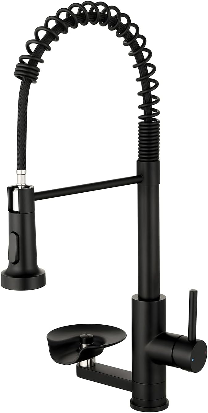 OWOFAN Kitchen Faucet with Cup Washer Pull Down Sprayer Stainless Steel Kitchen Sink Faucet with Deck Plate Glass Rinser Single Hole Black