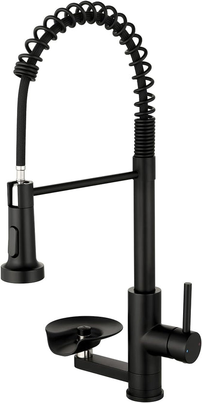 OWOFAN Kitchen Faucet with Cup Washer Pull Down Sprayer Stainless Steel Kitchen Sink Faucet with Deck Plate Glass Rinser Single Hole Black