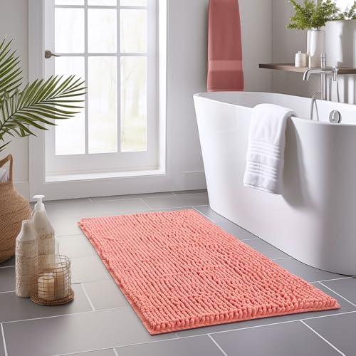 FRESHMINT Large Chenille Bathroom Rugs Mat 47"x24", Non-Slip Bath Mat for Bathroom Floor & Bathtub, Washable Shower Shag Bath Rugs, Soft Thick Water Absorbent Microfiber Shower Mat, Coral