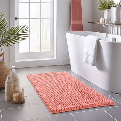 FRESHMINT Large Chenille Bathroom Rugs Mat 47"x24", Non-Slip Bath Mat for Bathroom Floor & Bathtub, Washable Shower Shag Bath Rugs, Soft Thick Water Absorbent Microfiber Shower Mat, Coral