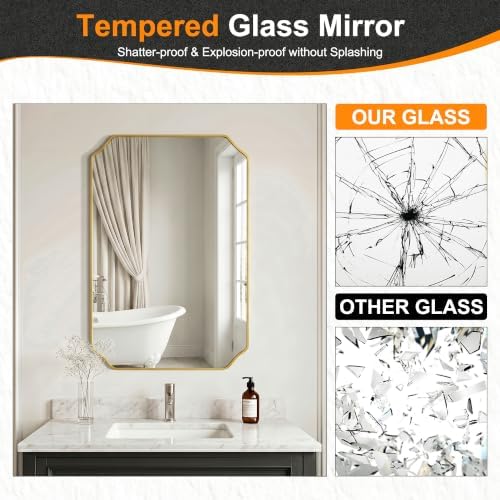 Delma Bathroom Vanity Mirror, Gold Framed Aluminum Bathroom Mirror for Over Sink, Scalloped Round Corner Wall Mirror, High-Definition Vanity Mirror, Hangs Horizontally or Vertically (36x24,Gold)