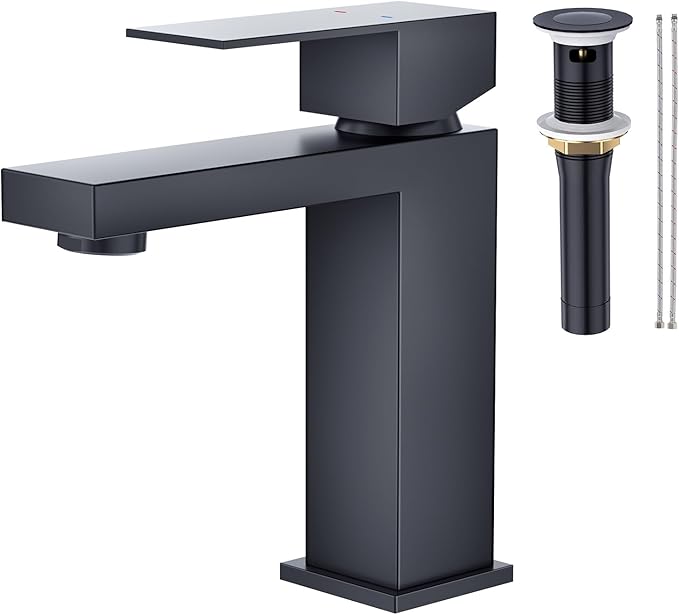 Faustina Matte Black Bathroom Faucet, Single Handle Stainless Steel Bathroom Vanity Faucet with Metal Pop-Up Drain and Deck Plate for 1 or 3 Hole
