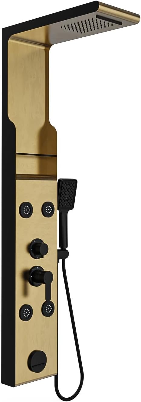 ELLO&ALLO Shower Panel Tower System with Shelf, Rainfall Shower Head and Rain Massage System with Body Jets, Stainless Steel Bathroom Fixtures, Brushed Gold&Black