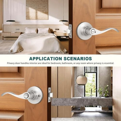 GOBEKOR 8 Pack Brushed Nickel Privacy Door Levers Bedroom Bathroom Door Handles Keyless Interior Door Handles with Lock Bedroom Door Handles Hardware