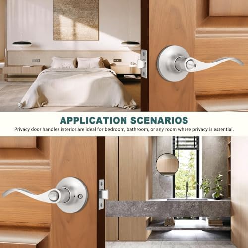 GOBEKOR 2 Pack Privacy Door Levers Brushed Nickel Door Handles Interior with Lock Modern Keyless Door Locks for Bedroom Bathroom