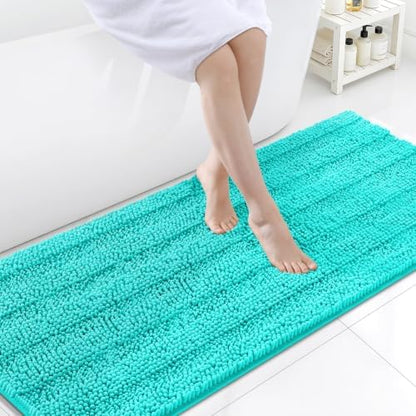 Grandaily Chenille Striped Bathroom Rugs 59x24, Extra Thick and Soft Absorbent Bath Mats, Rubber Backing, Plush Shaggy Shower Carpet, Machine Wash Dry, Bath Rug for Bathroom, Turquoise