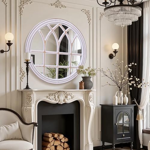 Rustic Farmhouse Round Window Mirror, 36 Inch Wood Frame Wall Mirrors