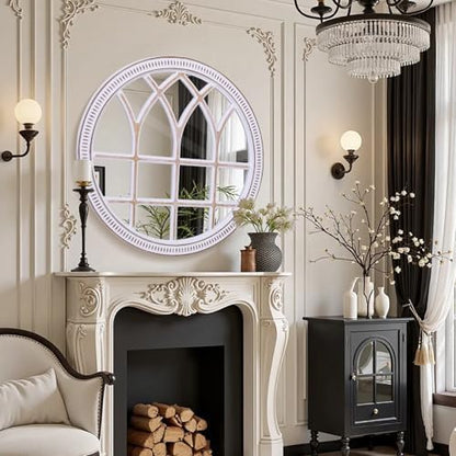 Rustic Farmhouse Round Window Mirror, 36 Inch Wood Frame Wall Mirrors