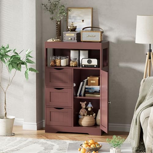JUMMICO Bathroom Floor Cabinet, Wooden Free-Standing Storage Organizer with 1 Door and 3 Drawers, Bathroom Storage Cabinet for Living Room/Kitchen/Hallway/Home Office (Espresso, 3 Drawers)