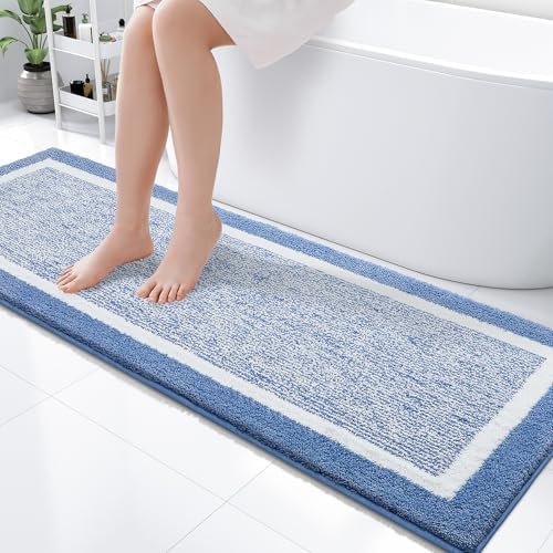 OLANLY Bathroom Runner Rugs 59x20, Extra Long Bath Mats for Bathroom, Blue