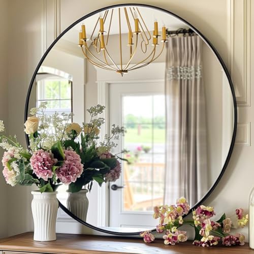 Black Circle Mirror 26 inch, Round Mirror, Matte Black Metal Frame