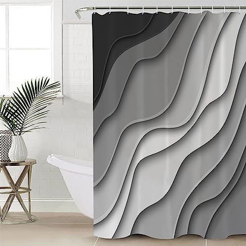 Shower Curtain Bathroom Set Black Grey Ombre Gradient Water Ripple Waterproof Shower Curtains with Grommets Hooks Abstract Lines Modern Art Privacy Bath Curtain for Bathtub Decor 48x72in