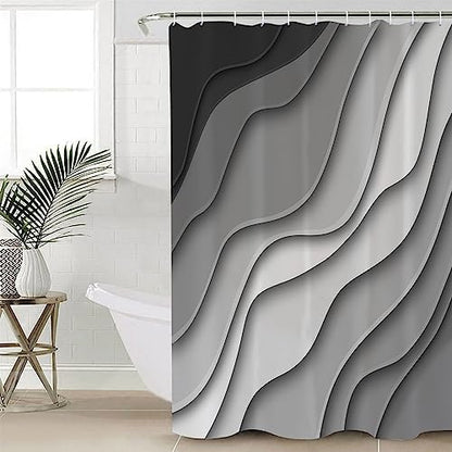 Shower Curtain Bathroom Set Black Grey Ombre Gradient Water Ripple Waterproof Shower Curtains with Grommets Hooks Abstract Lines Modern Art Privacy Bath Curtain for Bathtub Decor 48x72in