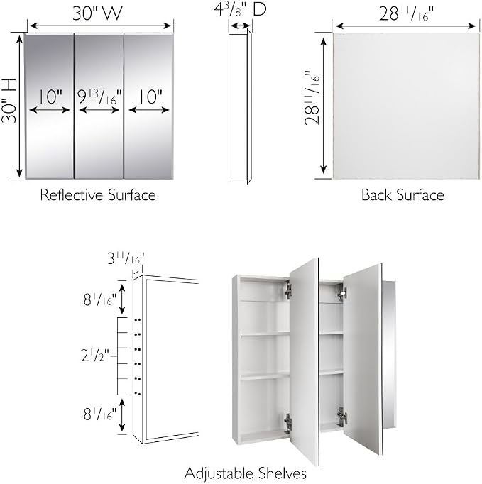 Design House Cyprus 30-in. Wide Medicine Cabinet, 3 Frameless Mirrored Doors, 2 Adjustable Shelves, Pre-Assembled, Surface or Recess Mounted, White, 30.0 in. W x 4.4 in. D x 30.0 in. H, 59749 | Adjustable Shelves, Wall Mount, Contemporary/Modern, Wood,...