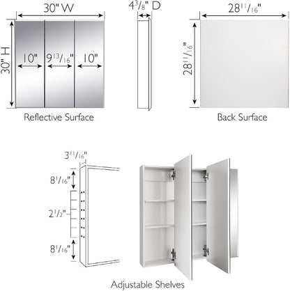Design House Cyprus 30-in. Wide Medicine Cabinet, 3 Frameless Mirrored Doors, 2 Adjustable Shelves, Pre-Assembled, Surface or Recess Mounted, White, 30.0 in. W x 4.4 in. D x 30.0 in. H, 59749 | Adjustable Shelves, Wall Mount, Contemporary/Modern, Wood,...