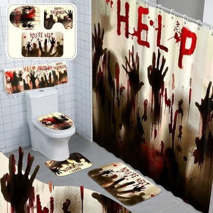 FuWeave 8 Pcs Halloween Bathroom Decor Ghost Shadow Shower Curtain Rug Set