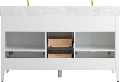 Vanity Art 60 inch Bathroom Vanity with Double Sink & Ceramic Top, Vanity Cabinet with Soft-Closing Doors, Drawers, Solid Wood Frame, White, VA9060-DW-MB1