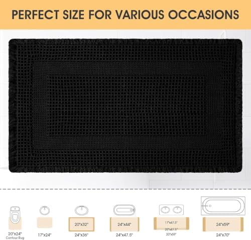 Upgrade Waffle Bath Mat, Boho Bathroom Rugs Absorbent Non Slip, Ultra Soft Bathroom Mat, Machine Washable Knit Bath Rugs with Tassels for Bathroom, Bedroom, Kitchen, Shower, Tub, Black, 36"x24"