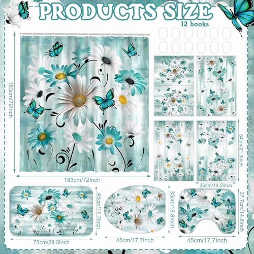 FuWeave 8 Pcs Vintage Daisy Shower Curtain Set Bathroom Decor Daisy Waterproof Bathroom Accessories Shower Curtain Sets with Towels Carpet Bath Mat Toilet Rugs and 12 Hooks