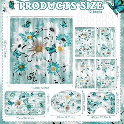 FuWeave 8 Pcs Vintage Daisy Shower Curtain Set Bathroom Decor Daisy Waterproof Bathroom Accessories Shower Curtain Sets with Towels Carpet Bath Mat Toilet Rugs and 12 Hooks
