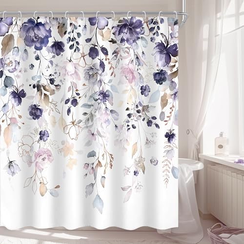 Floral Purple Pink Leaf Rustic Girly Bathroom Shower Curtain Set