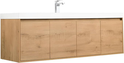 Blossom 60 Inch Bathroom Vanity with Sink, Wall Mounted Floating Bathroom Vanity Cabinet with Acrylic Sink, All Wood Soft Close Doors and Storage, Space Saving Design, Classic Oak Finish