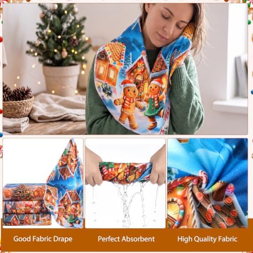 FuWeave 8Pcs Cute Gingerbread Man Christmas Shower Curtain Set, Candy House Xmas Winter Village Bathroom Decor, Includes Non-Slip Bath Rug, U-Shaped Mat, Toilet Lid Cover, Hand Towels & 12 Hooks