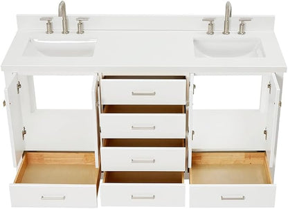 Beckford 66" White Double Bathroom Vanity, 1.5" Edge Pure White Quartz Countertop, 2 Rectangular Undermount Sinks, 4 Soft Closing Doors, 6 Dovetail Drawers