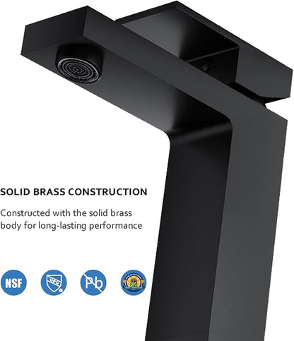 Solid Brass Black Bathroom Faucet, cUPC & CEC Certified 1 Hole Faucet for Bathroom Sink, Lead-Free Single Hole Bathroom Sink Faucet with Water Supply Hoses & Pop Up Drain Stopper