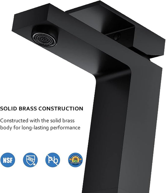 Solid Brass Black Bathroom Faucet, cUPC & CEC Certified 1 Hole Faucet for Bathroom Sink, Lead-Free Single Hole Bathroom Sink Faucet with Water Supply Hoses & Pop Up Drain Stopper