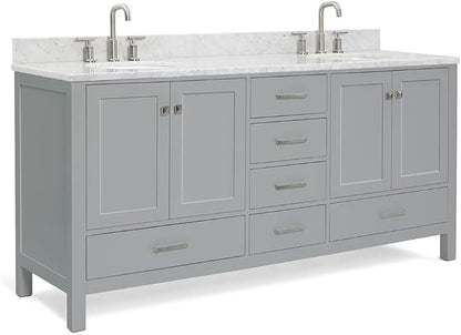 ARIEL Cambridge 72-inch Bathroom Vanity with Sink,Solid Wood, 0.75-inch Italian Carrara Marble Countertop & Backsplash, Double Oval Porcelain Sink, 4 Soft Closing Doors, 6 Dovetail Drawers, Grey