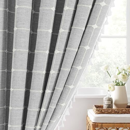 Boho Farmhouse Classic Plaid Linen Tassel Shower Curtain Light Grey,36x72