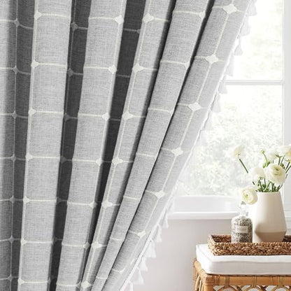 Boho Farmhouse Classic Plaid Linen Tassel Shower Curtain Light Grey,36x72