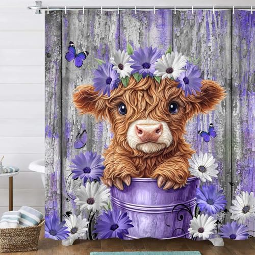 Cute Highland Cow Shower Curtain for Bathroom, Farmhouse Rustic Wooden Cattle Bathroom Decor Set, Funny Daisy Floral Flowers and Butterfly Waterproof Fabric Bath Curtains with 12 Hooks 60x72in
