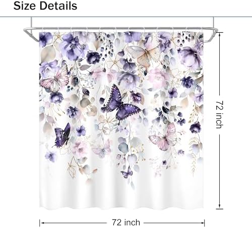 Purple Floral Butterfly Summer Spring Plant Bathroom Shower Curtain Set