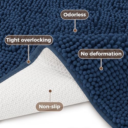 Bcoimo Bath Rug Mat Sets, 2 Piece High Absorbent Chenille Bathroom Mat Navy