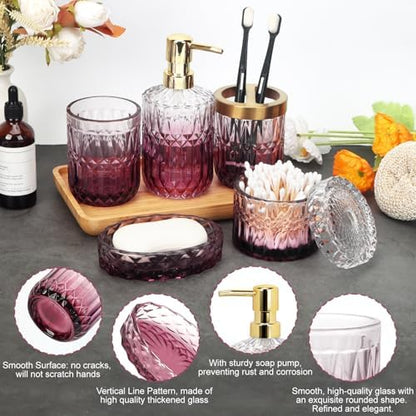 Bathroom Accessories Set, 5Pcs Bathroom Soap Dispenser Set, Glass Bathroom Accessories with Glass Soap Dispenser, Soap Dish, Toothbrush Holder, Tumbler, Cotton Swab Jar (Clear & Red)