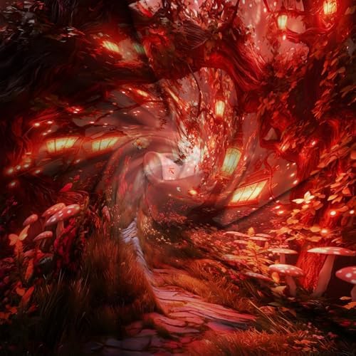 Fantasy Forest Path Shower Curtain Red Fairy Magical Enchanted Misty Jungle Mushroom Floral Tree Butterfly Lantern Wonderland Bath Curtain Fabric Bathroom Accessories Decor with Hooks 70W x90L