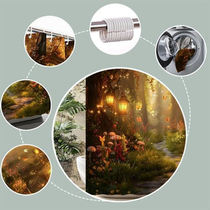 Fantasy Forest Path Shower Curtain Fall Fairy Magical Enchanted Misty Jungle Mushroom Floral Tree Butterfly Lantern Wonderland Bath Curtain Fabric Bathroom Accessories Decor with Hooks 70W x80L