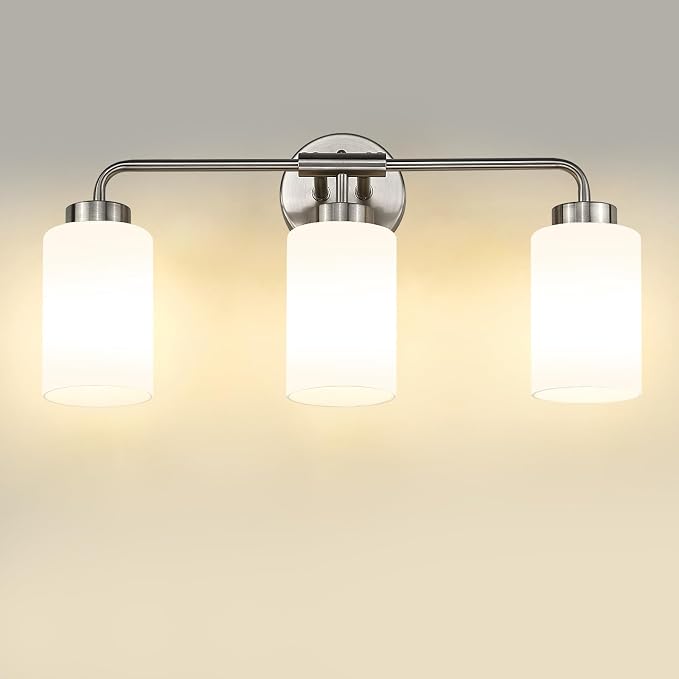 zeyu 21.6-Inch 3-Light Bathroom Lights Over Mirror Fixture, ZS62B-3W BN | Brushed Nickel Vanity Lighting, Milky White Glass Shade, Up/Down Mount, 3 E26 Bulbs Up To 60W Each, For Bathroom Mirror