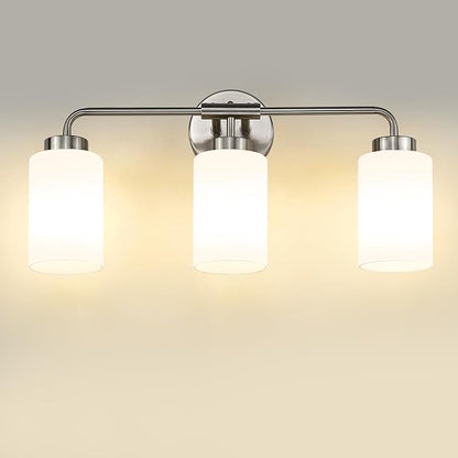 zeyu 21.6-Inch 3-Light Bathroom Lights Over Mirror Fixture, ZS62B-3W BN | Brushed Nickel Vanity Lighting, Milky White Glass Shade, Up/Down Mount, 3 E26 Bulbs Up To 60W Each, For Bathroom Mirror