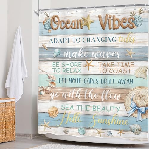 Ocean Seashell Fish Coral Vibes Blue Brown Wood Bathroom Shower Curtain Set