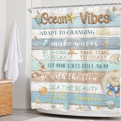 Ocean Seashell Fish Coral Vibes Blue Brown Wood Bathroom Shower Curtain Set