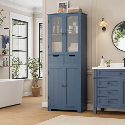 HORSTORS 67" H Bathroom Storage Cabinet, Blue Linen Cabinet with Drawers
