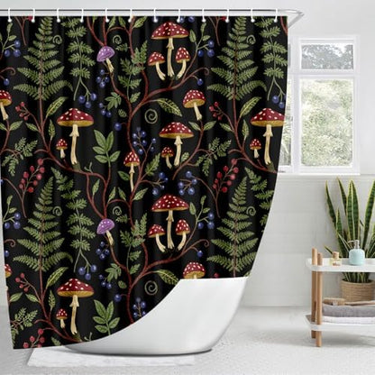 Boho Mushroom Shower Curtain, Rustic Vintage Dark Botanical Fern Forest Plant Leaves Nature Bath Curtain, Cute Black Cottagecore Aesthetic Woodland Bathroom Accessories with Hooks, 72 x 72 Red Green